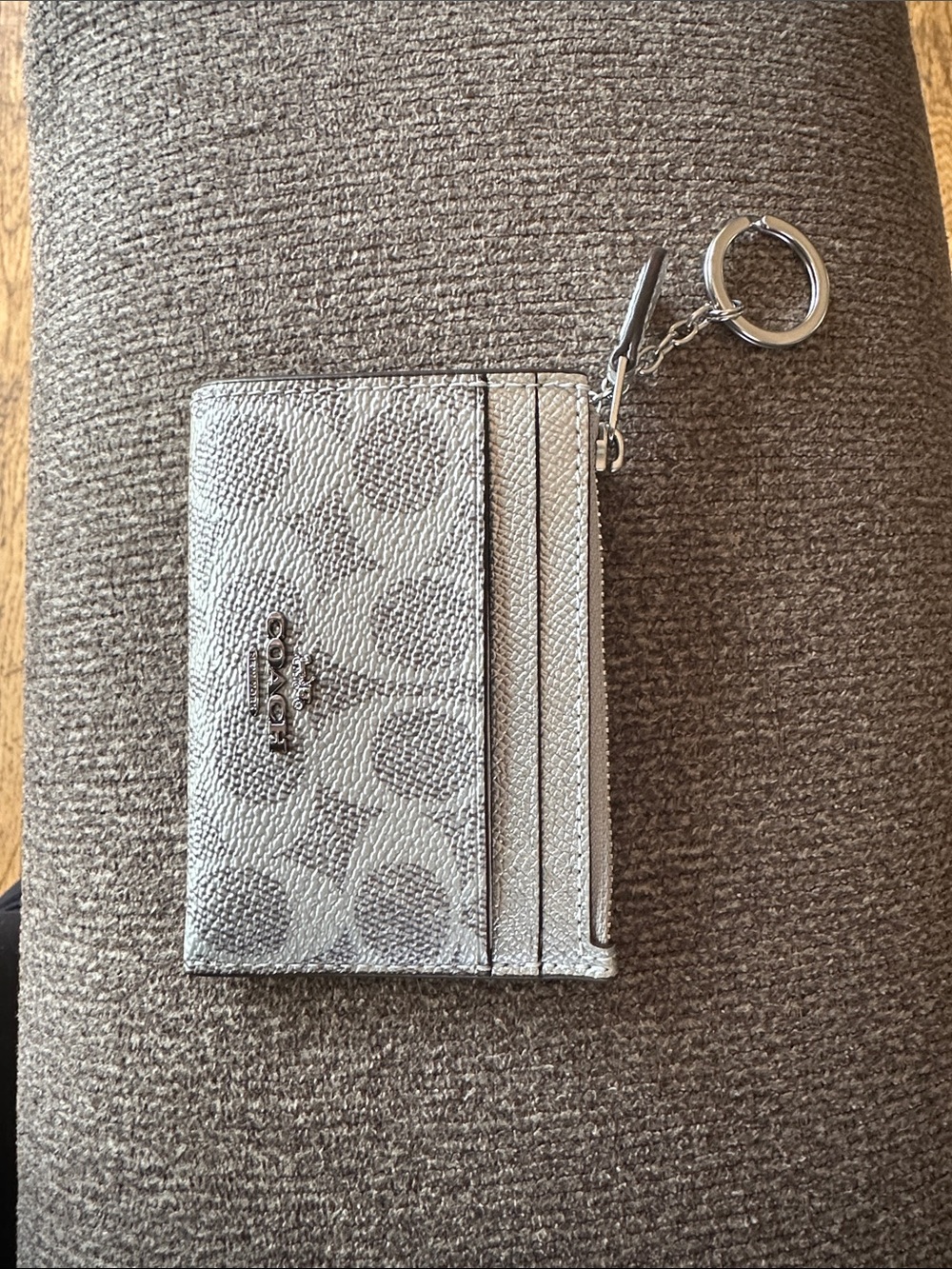 Coach Metallic Silver Signature Card Case with Key Ring